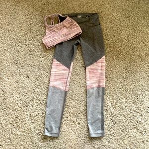Athleta Girls sports bra and leggings set, soft grey and mauve